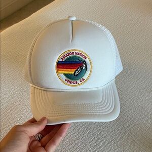 Aviator Nation White Trucker Hat with Rainbow Patch